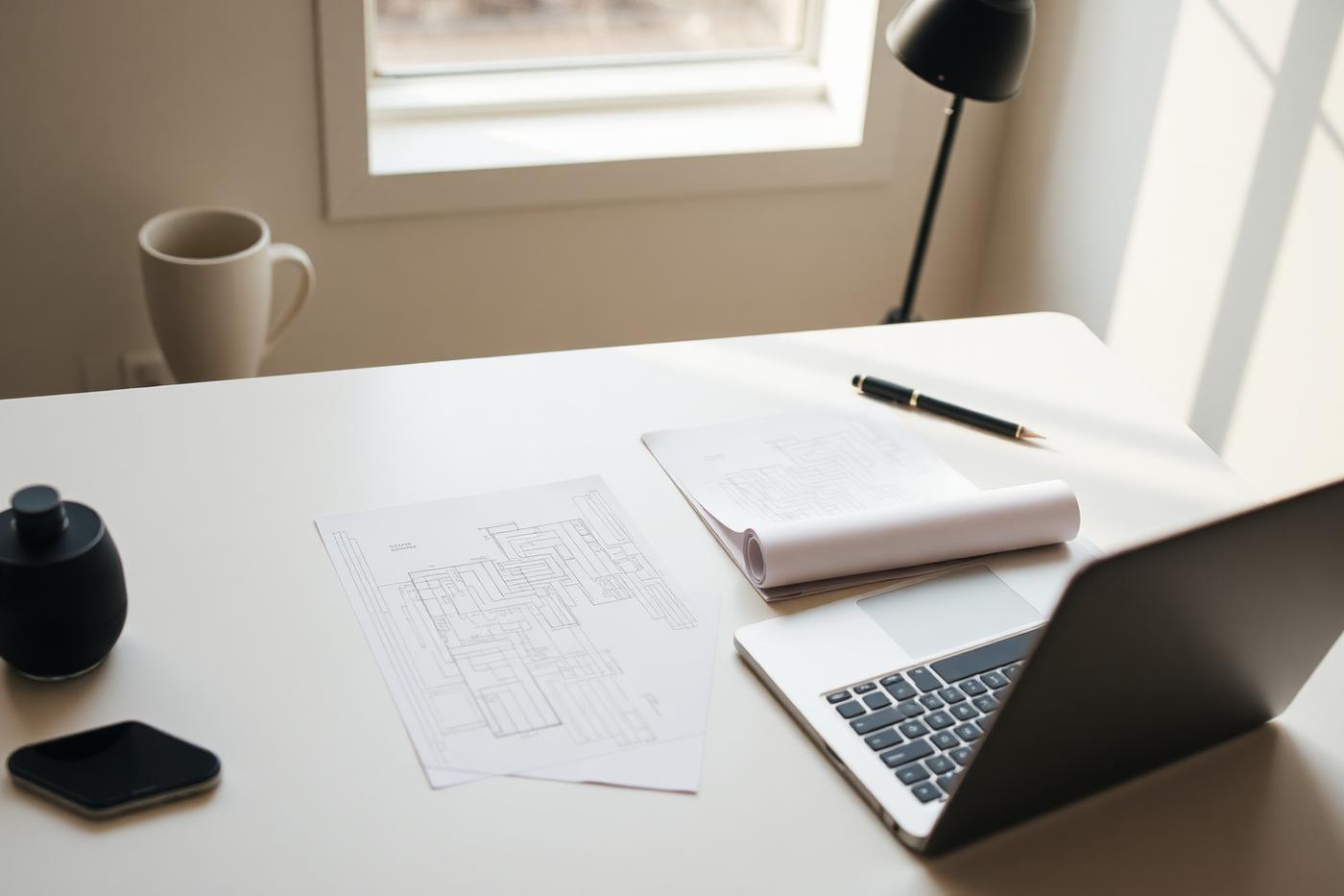 Quiet technology workspace with a laptop and printed system architecture diagrams